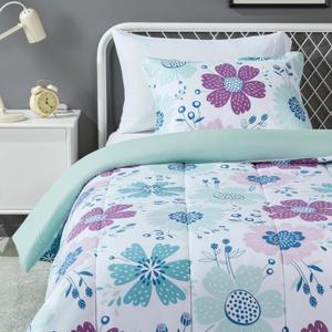 Amazon Basics 2-Piece Soft, All-Season Microfiber Kids' Comforter and Pillow Sham Set, Twin, Purple Flowers, Bluish Pink