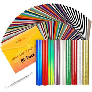 HTVRONT HTV Heat Transfer Vinyl Bundle: 80 Pack 12" x 10" Iron on Vinyl for T-Shirt, 39 Assorted Colors with Vinyl Accessories Tweezers for Silhouette Cameo or Heat Press Machine