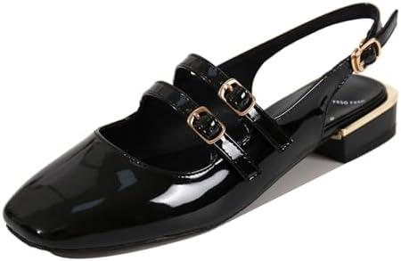 Women's Patent Leather Low Block Heel Mary Jane Sandals with Adjustable Ankle Straps Closed Square Toe Slingback Chunky Heel Pumps for Daily Work Prom Evening Dating (7, Black)