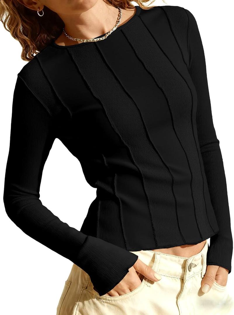 Tankaneo Womens Fitted Long Sleeve Shirts Ribbed Knit Going Out Tops Y2k Trendy Casual Crew Neck Tees Shirts (Black)