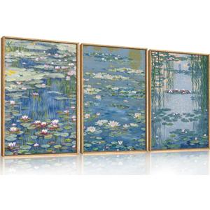 Large Nature Lilies Ponds Framed Canvas Wall Art,Impressionist Flower Wall Decor,Claude Monet Style Wall Painting,Garden Botanical Artwork for Living Room,Bedroom,Dining Room,Office -24"x36"x3