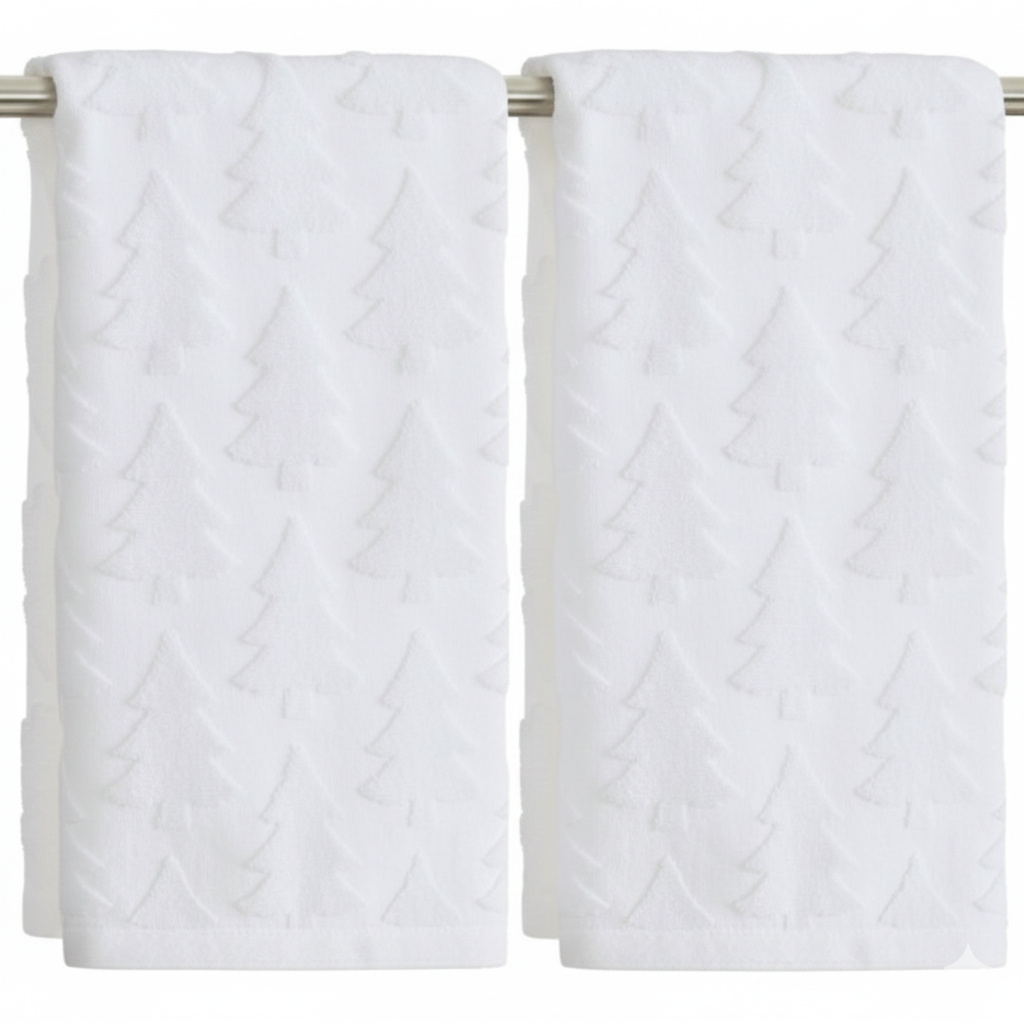 Artoid Mode 2 Pcs Green 3D Xmas Tree Jacquard Christmas Hand Towels for Bathroom, 100% Cotton Soft Absorbent Bathroom Decor Towels, 13.7 x 29.5 Inch