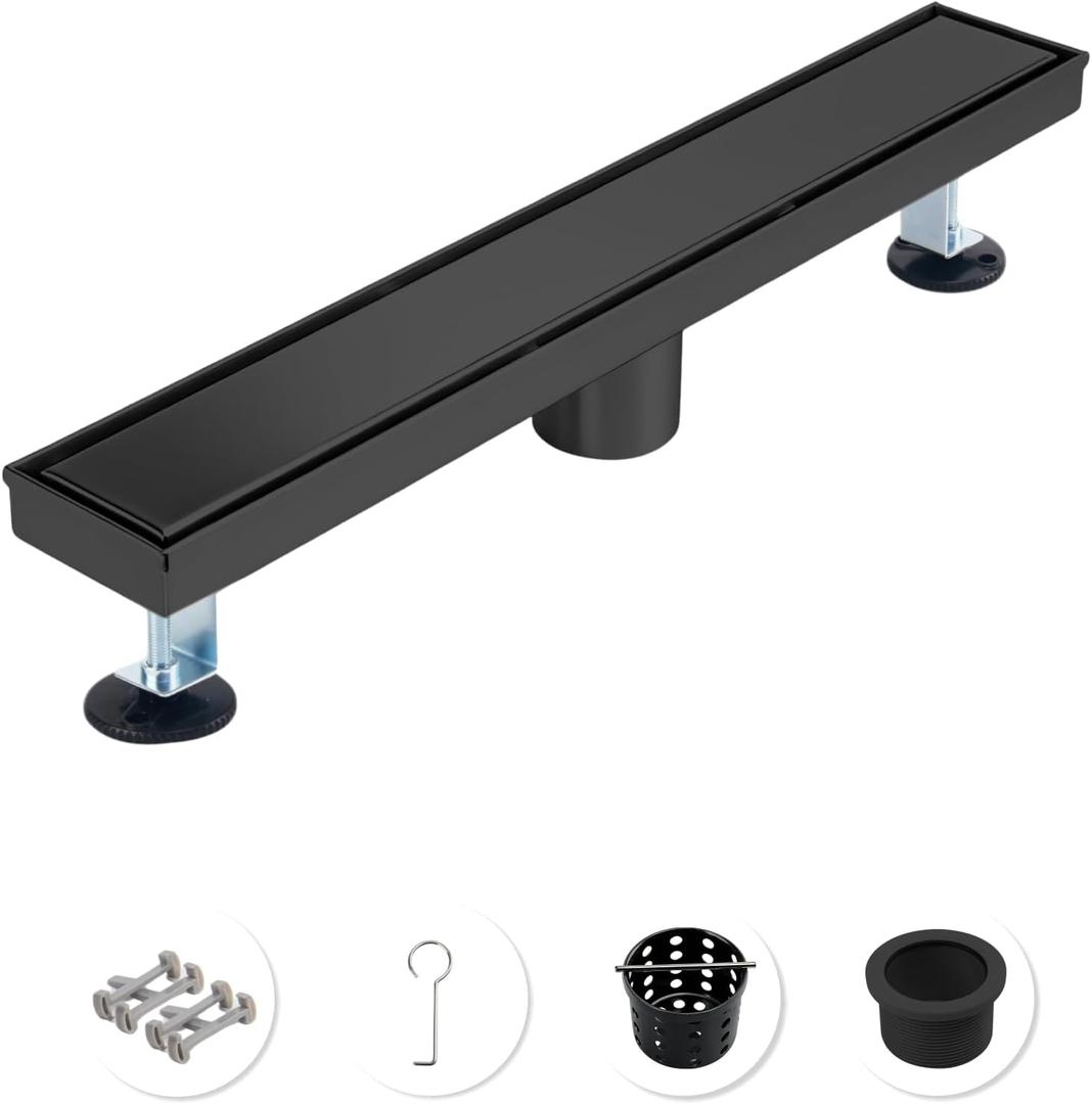 18 Inch Matte Black Linear Shower Drain, CUPC Certified 2-in-1 Tile Insert Cover, 304 Stainless Steel Trench Drain for Curbless Showers, Includes Hair Catcher & Adjustable Feet