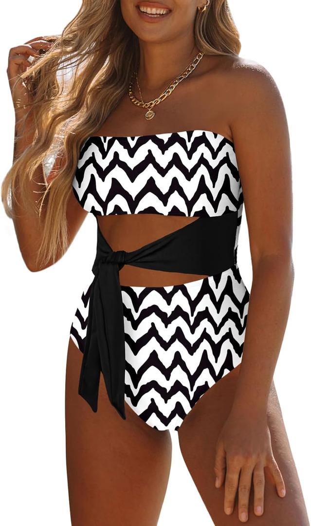 Viottiset Women's Bandeau One Piece Swimsuit Strapless Tie High Cut Out Bathing Suit (Medium, Black and White)