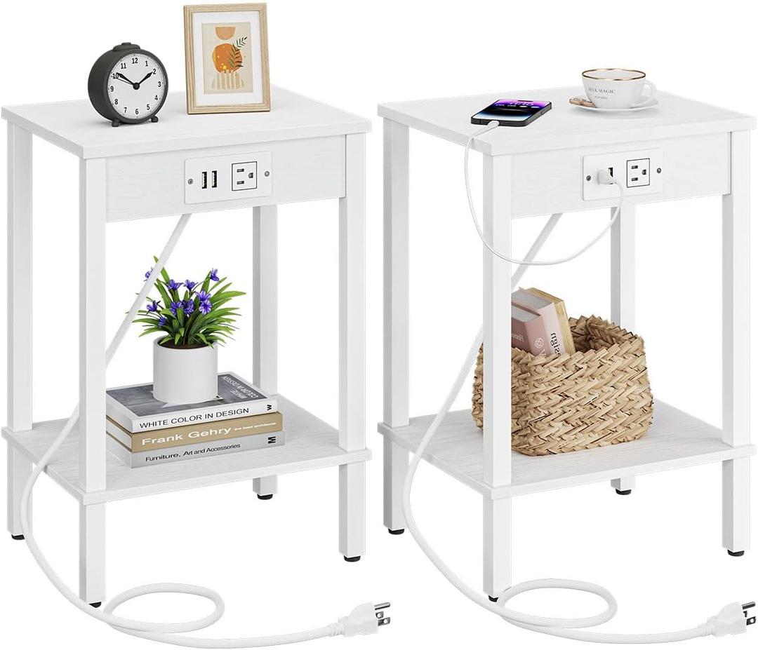 Set of 2 End Table with Charging Station, Narrow Side Table with USB Ports and Outlets, Nightstands with 2-Tier Storage Shelves, Sofa Table for Small Space Living Room Bedroom, White UTBT102W2