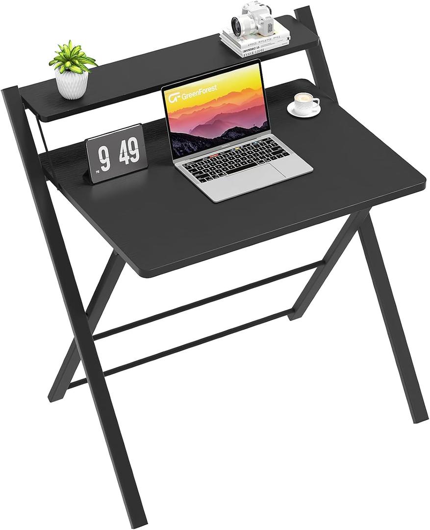 GreenForest Folding Desk No Assembly Required Small Size, 2-Tier Foldable Computer Desk with Shelf for Home Office, Space Saving Portable Laptop Study Foldable Table for Small Spaces, Black (22 x 27.3 inch)
