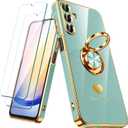for Samsung Galaxy A25 5G Case with 2 Pack Screen Protector, 360 Rotatable Ring Holder [Luxury Hearts Pattern] Plating Gold Edge Slim Soft Phone Cover Case for Galaxy A25 - Mint