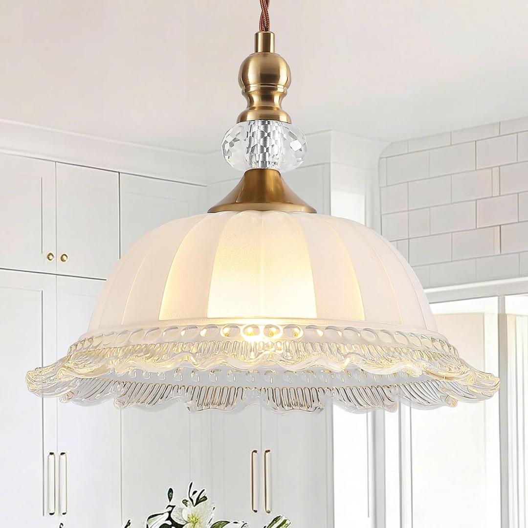 10.6" Milk Glass Vintage Pendant Light for Kitchen Island, Antique Brass Gold Pendant Light Fixture for Dining Room Hallway Bedroom