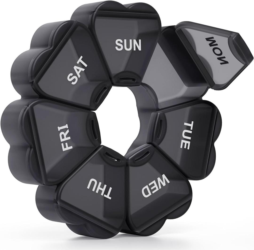 Weekly Pill Organizer, Pill Box 7 Day, KAPENS Daily Vitamin Case Large Capacity Compartments, Pill Containers for Fish Oil Medicine Supplements, Black