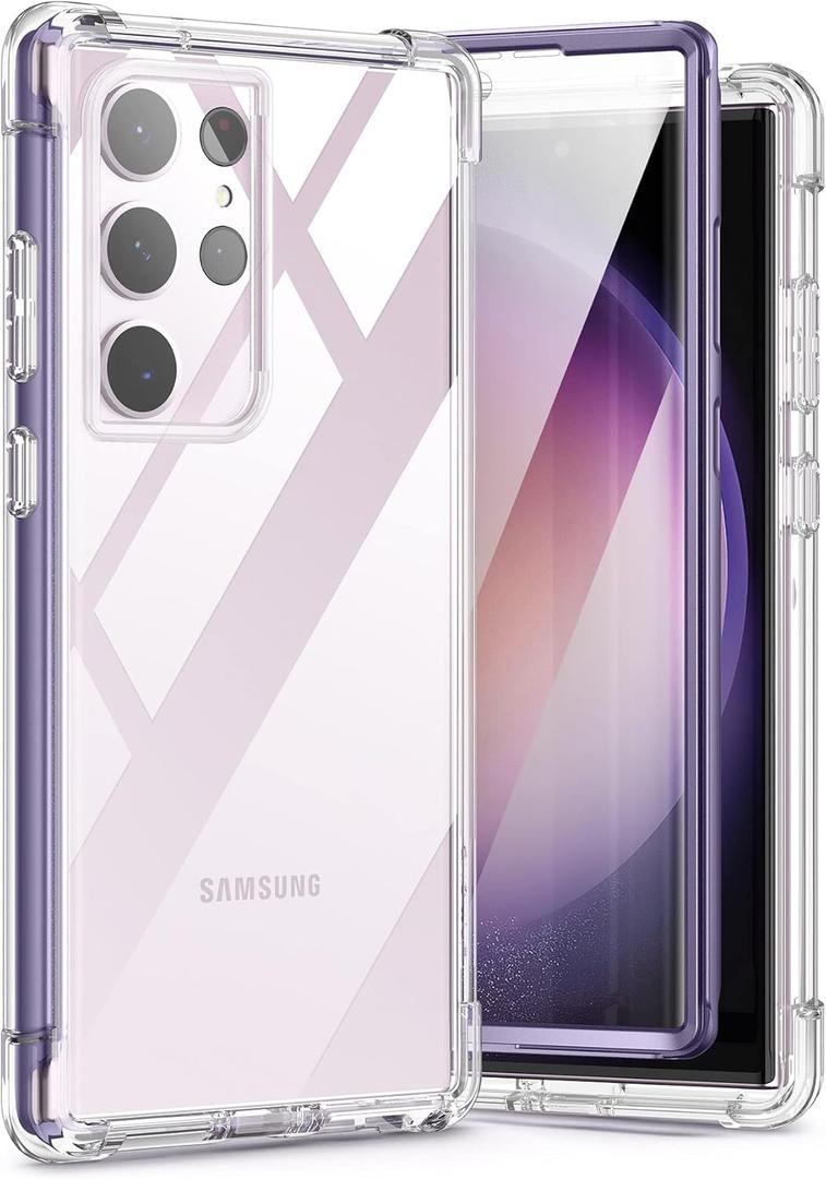 SURITCH for Samsung Galaxy S23 Ultra Clear Case 6.8" (Only), [Built-in Screen Protector] Full Body Protective Hard Shell+Soft TPU Phone Case for Samsung S23 Ultra -(Dark Purple Edge)