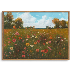 OIQArtOIQ Vintage Landscape Framed Wall Art Fall Countryside Colorful Wildflower Field Canvas Art Prints Farmhouse Cottagecore Pictures Wall Decor Rustic Meadow Paintings Artwork For Kitchen Bedroom 24x36 in