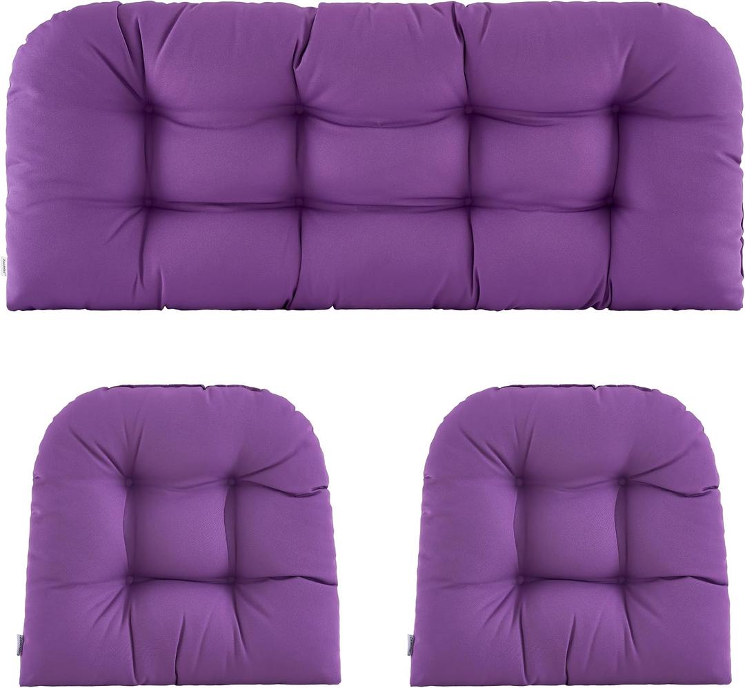 Wicker Chair Cushions of 3 Pieces Waterproof Tufted Outdoor Seat Cushions for Patio Furniture Sofa Settee Couch,1 Loveseat and 2 U-Shaped Cushions,Purple