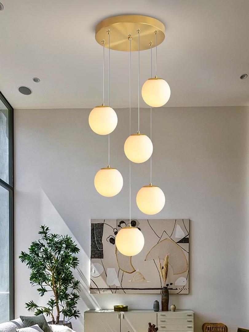 Ykolupty 6-Light Chandelier with White Globe Glass Dimmable Ceiling Light Glass Pendant Light for Kitchen Island, Dining Room, Living Room, Entry Hallway, LED Bulbs Included