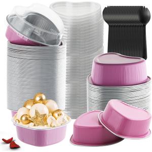 Heart Shaped Cake Pans with Lids, BAKINGPAK 50PCS 3.4OZ Mini Cake Pans with Lids Cupcake Containers Mini Cupcake Liners Party Baking Supplies Cake Tins with Lids for Wedding Anniversary Birthday, Pink
