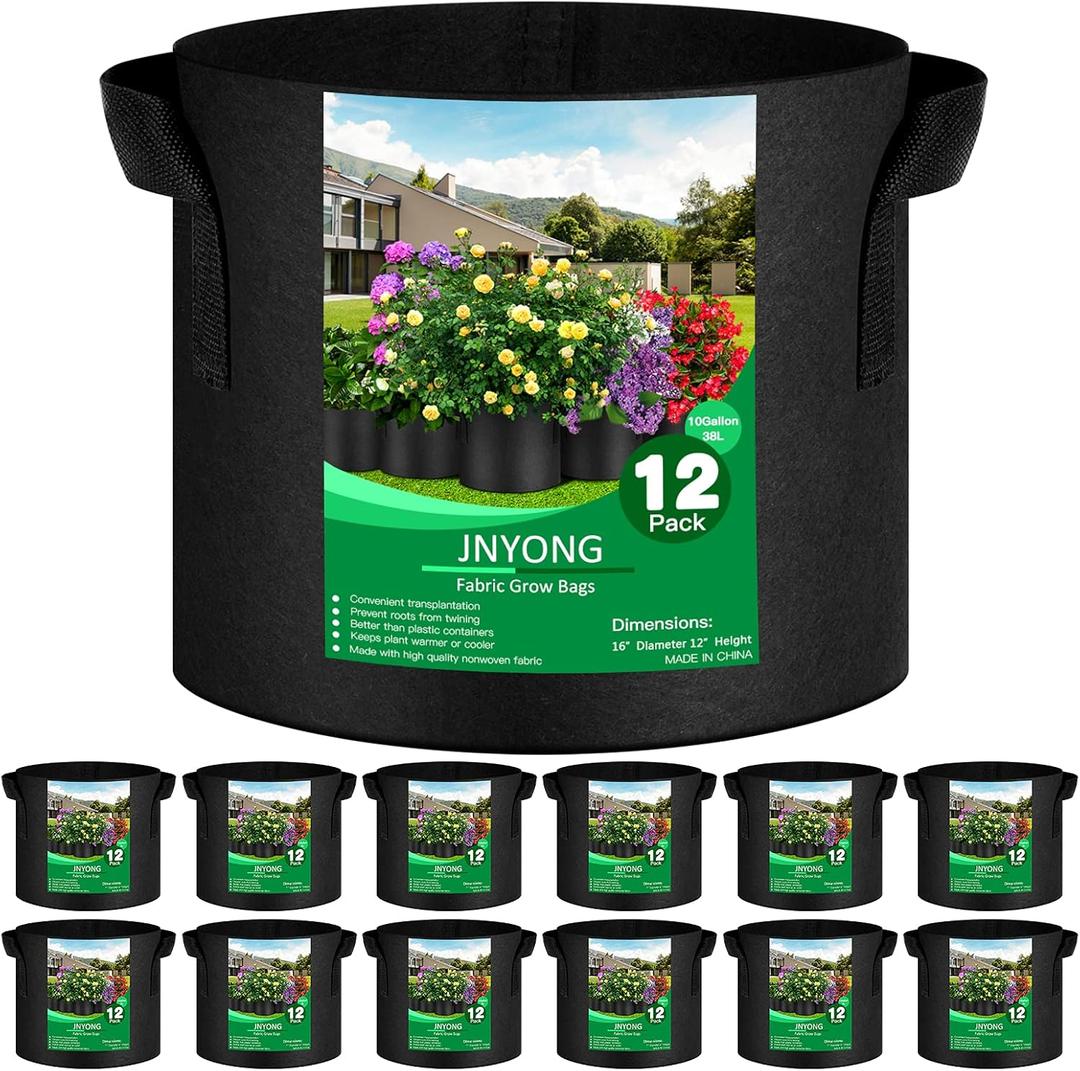 JNYONG 12-Pack 10 Gallon Thickened Non-Woven Grow Bags, Aeration Fabric Pots with Handles