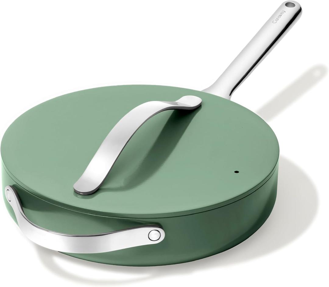 Caraway Ceramic Nonstick Sauté Pan with Lid – 10.5" (3 qt) – Non Toxic, PTFE & PFOA Free - Oven Safe to 550°F - Compatible with Gas, Electric, Induction Stovetops, Sage