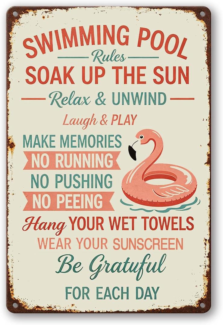 RMMNHLNC Funny Flamingo Metal Pool Sign, Swimming Pool Rules Aluminum Outdoor Pool Decor, Vintage Pool Decorations Outdoor for Swimming Pool Beach Water Park Yard Patio 8x12 Inch