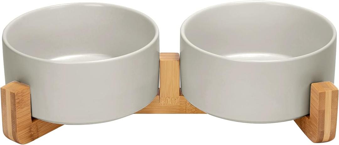 SPUNKYJUNKY Ceramic Dog and Cat Bowl with Wood Stand Non-Slip Matte Glaze Weighted Food Water Set for Cat Medium Dog 28.7 OZ (3.6 CUPS)