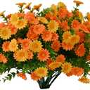 Artificial Fake Flowers Plants for Outdoor Decoration, Faux Flower Yellow Orange Daisy with Eucalyptus Leaves for Planter Front Door Porch Patio Balcony Decoration, 10 Bundles