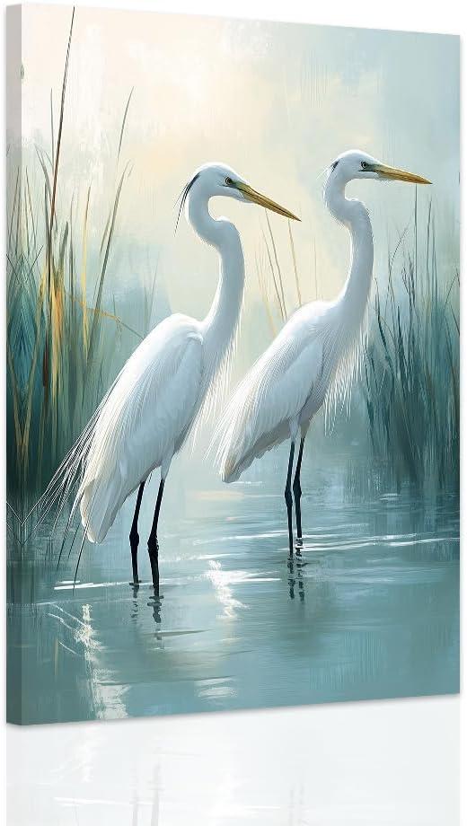 SWQYLB White Heron Wall Decor Egret Wall Art Coastal Bird Canvas Art Prints Heron Bathroom Decor Beach Seashore Picture Framed Home Decor (12" x 18")