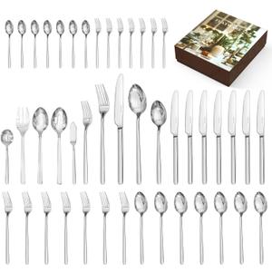 KINGSTONE Silverware Set with Serving Utensils, 45 Piece Flatware Set for 8, 18/10 Cutlery Set with 5 Pieces Serving Utensil Set Modern and Original Design Dishwasher Safe