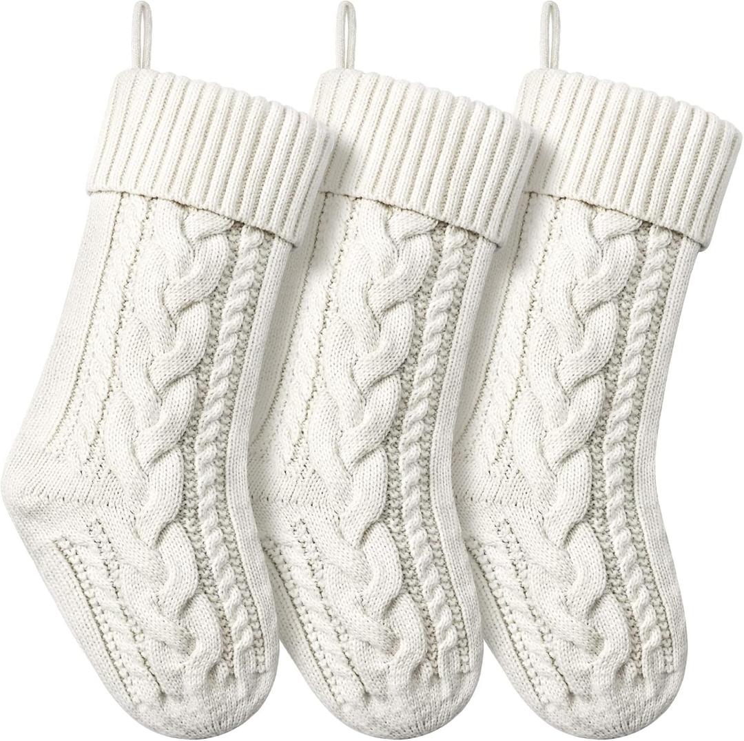 Christmas Stockings Knitted Xmas Stockings Double-Sided 18 Inches Fireplace Stockings for Family Christmas Decoration (Ivory, 3)