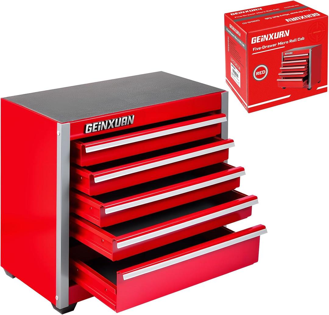 Geinxurn 5-Drawer Rolling Red Tool Box, Heavy Duty Micro Roll Cab Steel Stackable Tool Chest with Lockable Drawers, Large Capacity Tool Cabinet for Garage, Workshop, Truck