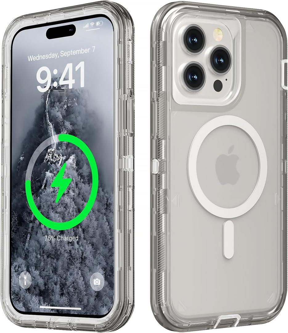 for iPhone 14 Pro Case, Compatible with MagSafe, Heavy Duty Shockproof Protection Phone Cases, Anti-Drop, Dual Layer Transparent Magnetic Phone Case for iPhone 14 Pro, 6.1", Gray