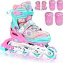 Sportneer Adjustable Inline Skates for Girls, Kids Inline Skates with Light Up Wheels Roller Blade with Protective Gear Set for Kids Girls Women Beginners Indoor & Outdoor Use (L (Foot Length: 9.7-10.6inch), Pink)