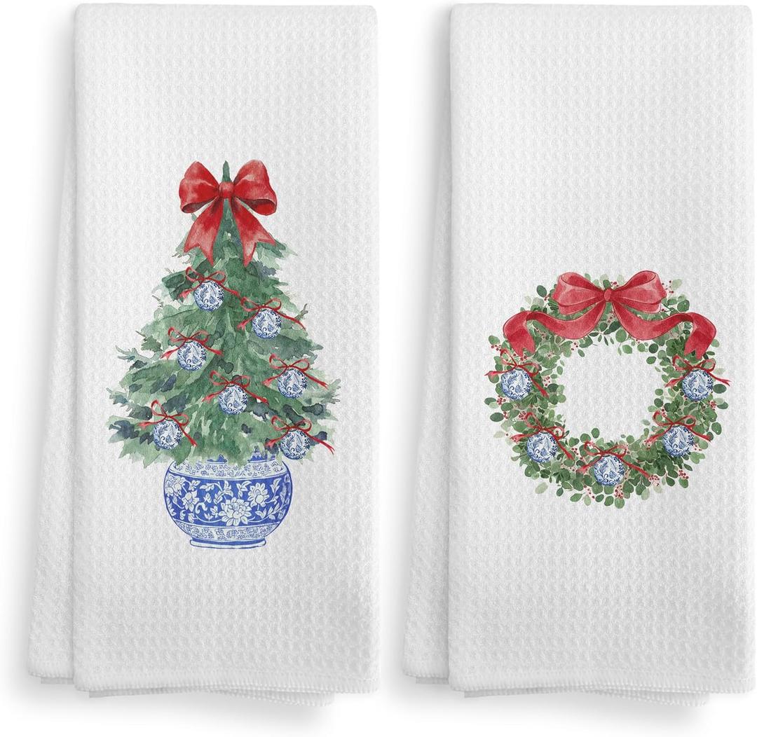 2 x Chinoiserie Christmas Bow Tree Kitchen Towels and Dishcloths Set of 2, Red Bow Hand Towels, Preppy Christmas Wreath Drying Cloth Hand Towels Tea Towels for Bathroom Kitchen, 1624 Inches