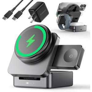 ZEEHOO 3-in-1 Foldable Magnetic Wireless Charging Station, Qi2 Certified 15W Travel Charger Stand Dock for iPhone 17/16/15/14/13/12 Series, Apple Watch, AirPods (30W Adapter Included) (Gray)