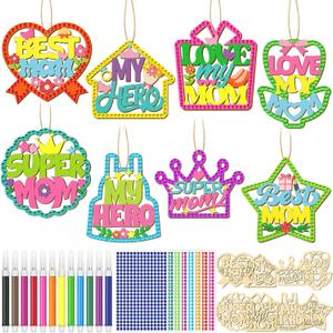 Wovnet 48 Pcs Mother's Day Craft Kits Make You Own Mother's Day Wood Craft Kit DIY Coloring Wooden Art and Crafts with Gem Stickers for Mom's Birthday Gifts Party Decoration Hanging Ornaments