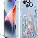 GVIEWIN for iPhone 14 Case Floral, with Screen Protector + Camera Lens Protector,[Non Yellowing] Soft Shockproof Clear Phone Protective Cover for Women, Flower Pattern Design 6.1"(Aconite/Light Blue)