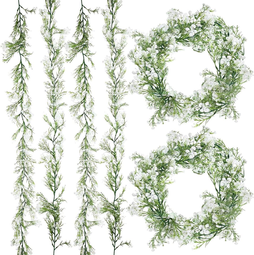 Lyrow 6 Pieces Artificial Baby Breath Flower Vines 5.9ft Faux Hanging Gypsophila Greenery Garland Vines Fake Bulk Baby Breath Garland for Wedding Party Table Home Backdrop Wall Decor (White)