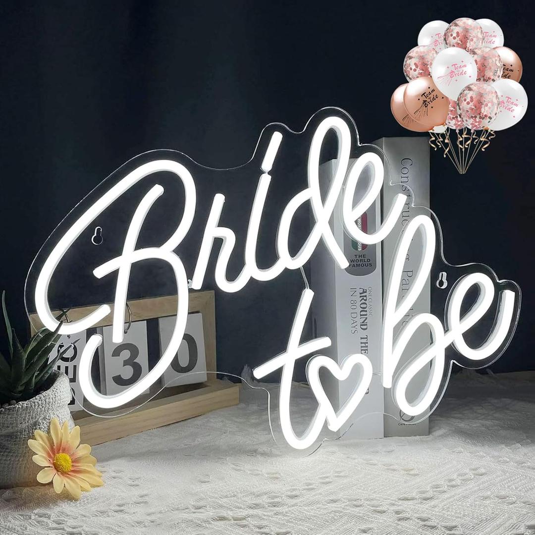 Bride to be Neon Sign, White LED Neon Light Signs USB Wedding Light Signs for Bridal Shower Bachelorette Engagement Party Backdrop with 15 Pcs Balloon