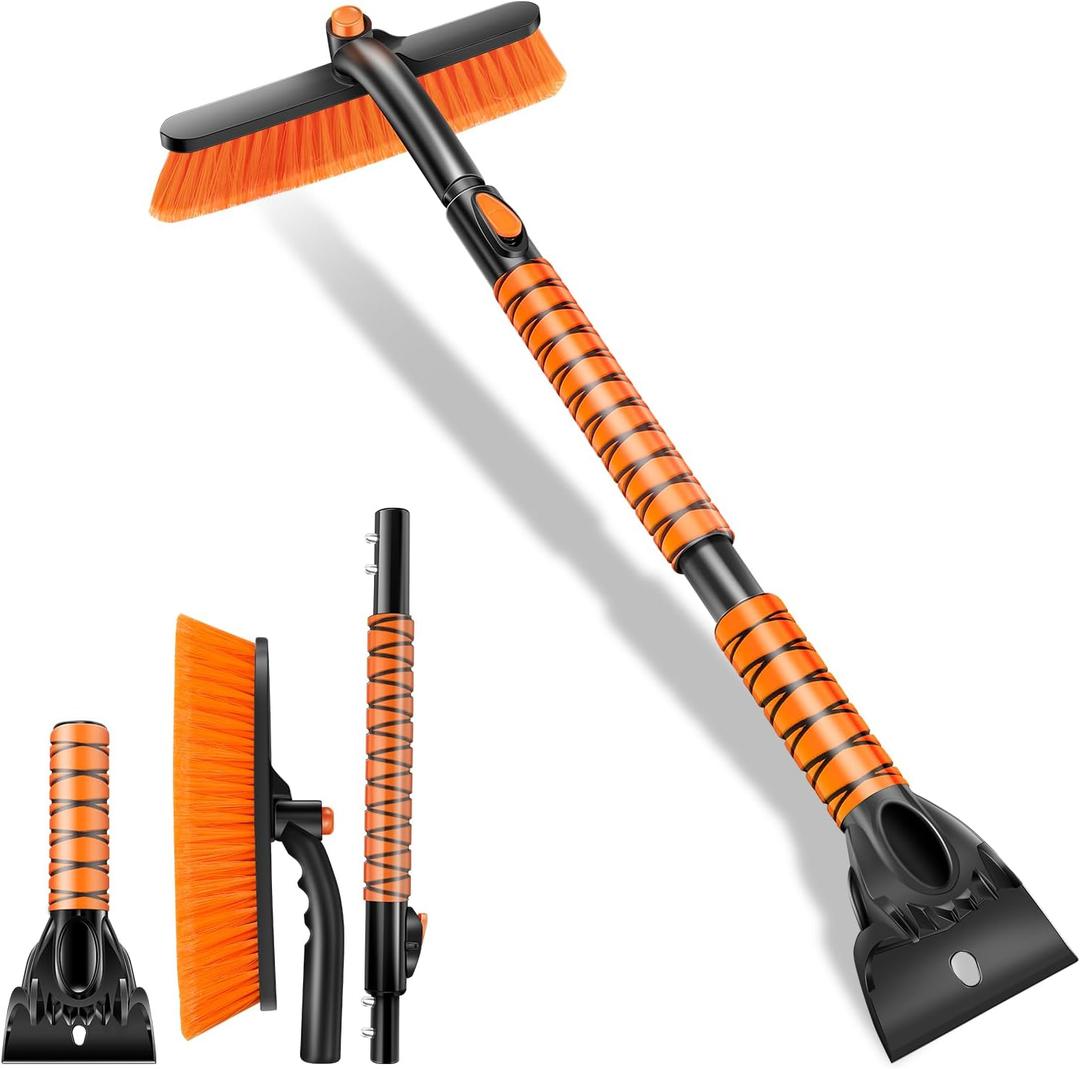 38.5in Ice Scraper with Extendable Snow Brush Detachable Snow Removal Tool 360 Pivoting Soft Bristle Head with Ergonomic Foam Grip for Car Windshield Truck SUV Vehicle Windows