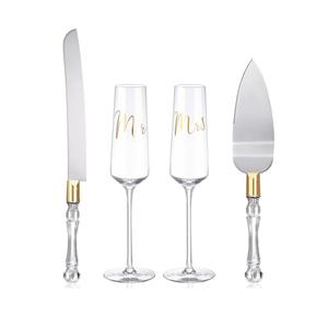 Boao 4 Pieces Wedding Toasting Flutes and Cake Server Set Wedding Reception Supplies Champagne Glasses Cake Knife Pie Server (Gold, Classic)