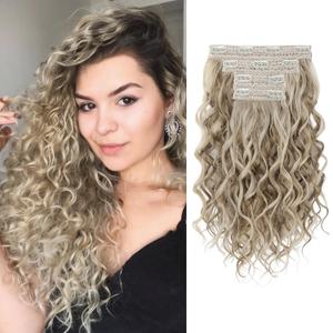 REECHO Curly Hair Extensions, 4PCS 16 inch Clip in Hair Extensions Lace Weft Short Curly Hair Extensions Clip Ins Invisible Natural Hairpieces for Women, Light Ash Brown with Highlights