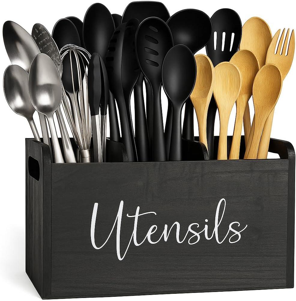 Kitchen Utensil Holder for Countertop  Black Wood 3-Compartment Utensil Organizer & Caddy with Drain Holes, Farmhouse Countertop Storage for Spatulas, Spoons, Tongs, Whisks (11.8x4.7x6.7)