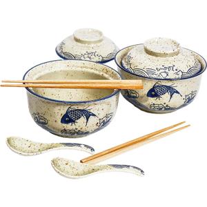 Ceramic Ramen Bowl Set, 800ml, with Lid, Spoon and Chopsticks, Japanese Vintage Large Soup Bowls Instant Noodle Bowl Asian Tableware (Fish*2)
