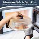 Glass Microwave Splatter Cover for Food Plates & Cookware with Oven Mitts, Borosilicate Glass Splatter Lid Guard with Vent Hole & Easy Grip Silicone Handle, 100% BPA Free & Dishwasher Safe