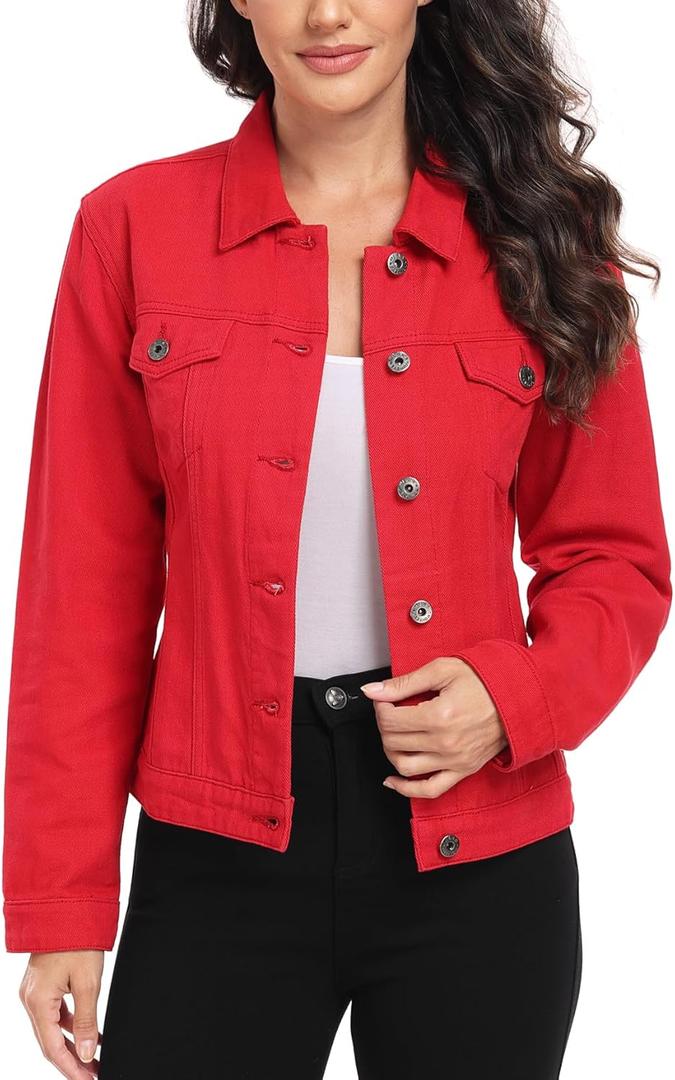 MISS MOLY Women's Denim Jacket Button Up Long Sleeve Basic Trendy Jean Jacket Coat with Pockets (XX-Large, Red)