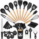 Astercook Kitchen Utensils Set, 39 PCS Silicone Cooking Utensils Set with Wooden Handle, 446°F Heat Resistant Food Grade Utensil Sets, BPA Free Kitchen Gadgets Tools Set for Nonstick Cookware (Black)