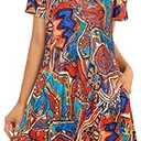 Elescat Summer Dresses for Women Casual Short Sleeve Cocktail Loose Round Neck Sundress Beach Cover Up with Pockets(Vintage Painting, L)