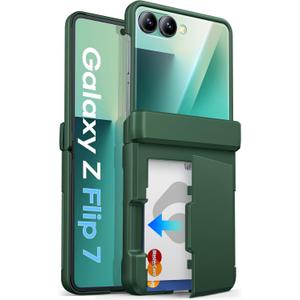 for Samsung Galaxy Z Flip 7 Case Wallet with Card Holder (3 Cards) & Hinge Protection & Outer Screen Protector, Shockproof Rugged Cover Phone Case for Samsung Galaxy Z Flip 7 5G 2025, Green