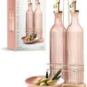 COOK WITH COLOR Glass Olive Oil Dispenser Bottle - 2 Pack, 17 oz Cruet - Elegant Carafe Decanter with Spout for Kitchen, Suitable for Vinegar, Coffee Syrups & Other Liquids (Pink with Bamboo Holder)