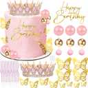 Crown Cake Topper, Pink & Rose Gold Crown Balls Happy Birthday Cake Toppers Candles Butterfly, Corona Para Pastel, Crown Cake Decorations for Women Queen Princess (Rose Gold, Jelly Pink)