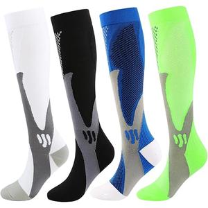 Kickticks 4 Pairs Compression Socks for Woman & Man Unisex 20-30mmHg Knee high Plus Size Wide Calves for Flying Running, No Size