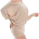 Women's Off The Shoulder Dress Long Sleeve Batwing Mini Ruched Sheer Y2K Oversized Club Sexy Night Out Dresses (Beige, M)