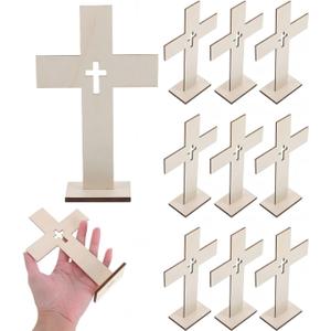 Wooden Crosses for Crafts: 10 Pack Unfinished Wood - DIY Blank Crosses with Stands Small Religious Crucifix Ornaments Catholic Baptism Centerpiece DIY Craft Supplies